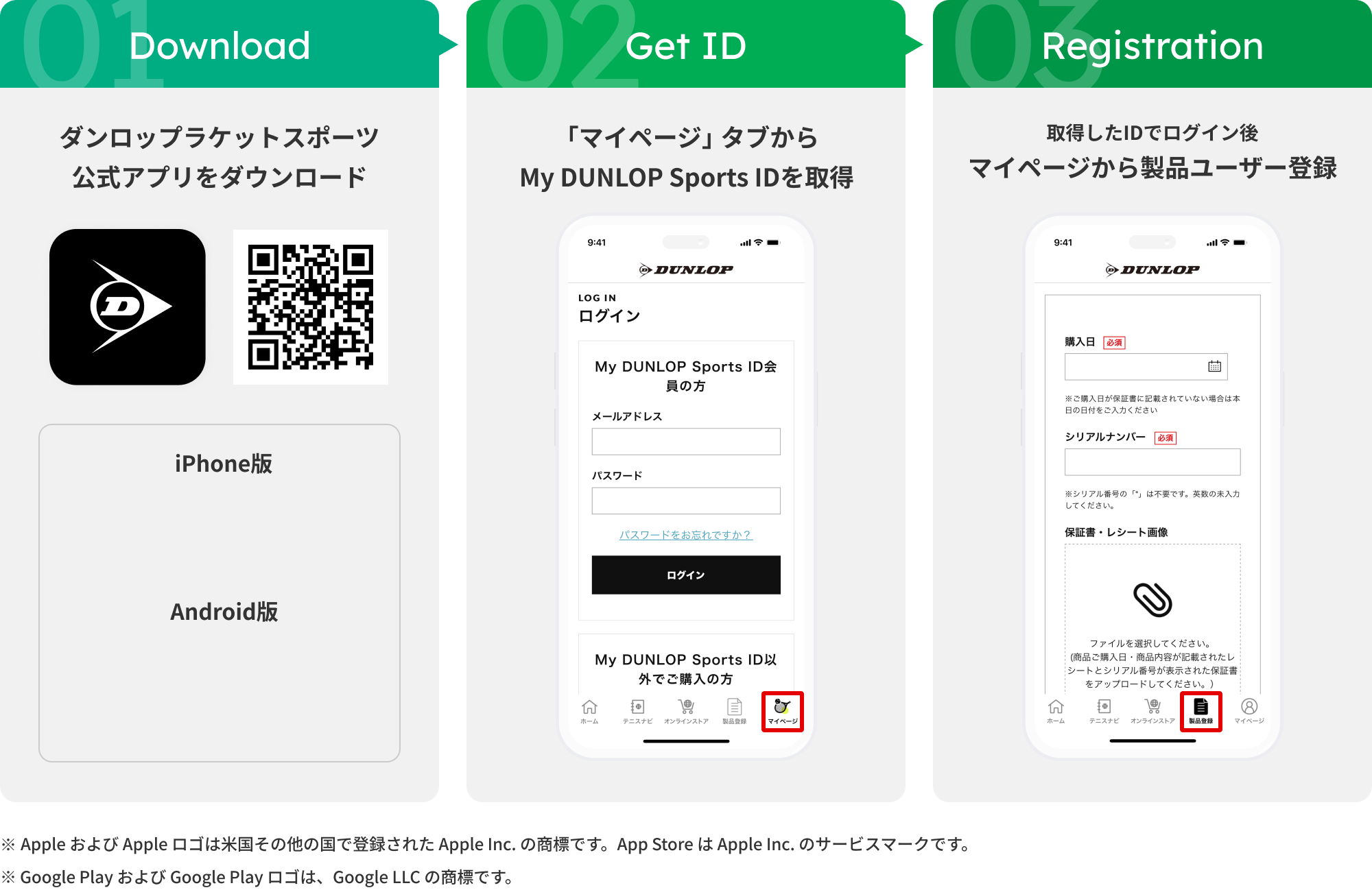 ステップ1、ダンロップラケットスポーツ公式アプリをダウンロード。ステップ2、「マイページ」タブからMy DUNLOP Sports IDを取得。ステップ3、取得したIDでログイン後マイページから製品ユーザー登録